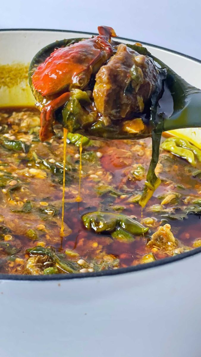 a spoon full of soup with vegetables and meat being poured into the bowl to be eaten