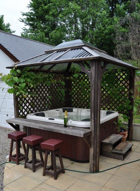 an outdoor hot tub with two stools under it