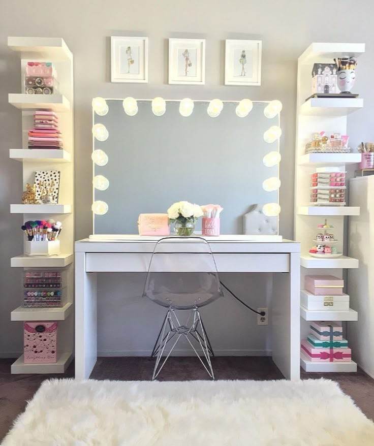 a white desk sitting in front of a mirror