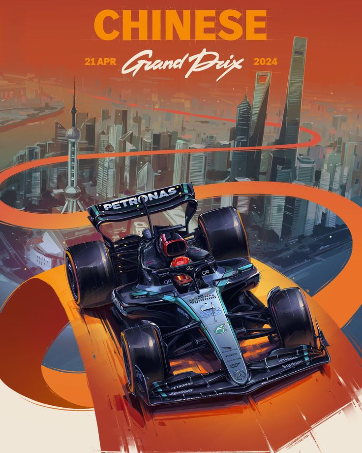 a poster for the chinese grand prix with a racing car in front of a cityscape