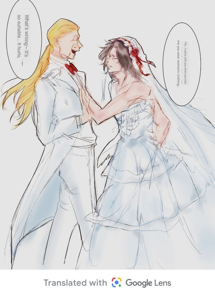 a drawing of two people dressed up in wedding attire, one holding the other's hand