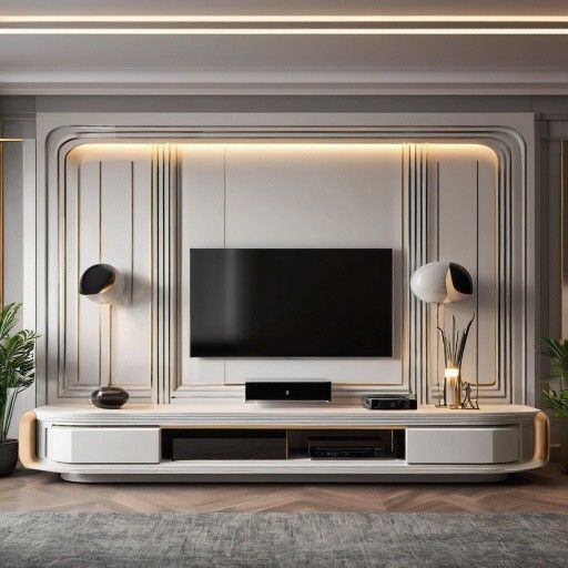 an elegant living room with white furniture and large tv on the wall, surrounded by potted plants