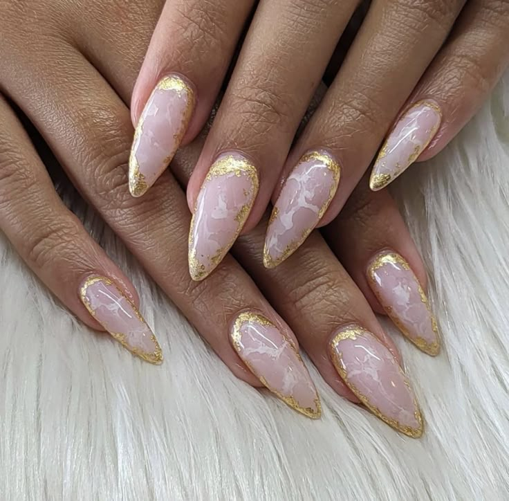 Marble Nails Pink Gold, Rose Marble Nails, Marble With Gold Nails, Rose Quartz Nails With Gold, Milky White Marble Nails, Pink Marble Nail Designs, Marble Pink Nails, Marble Almond Nails, Rose Quartz Nails