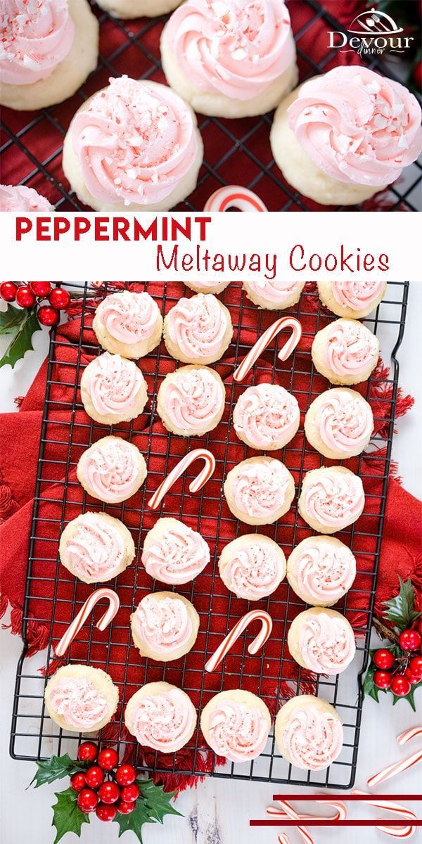 peppermint meltaway cookies on a cooling rack with candy canes and holly