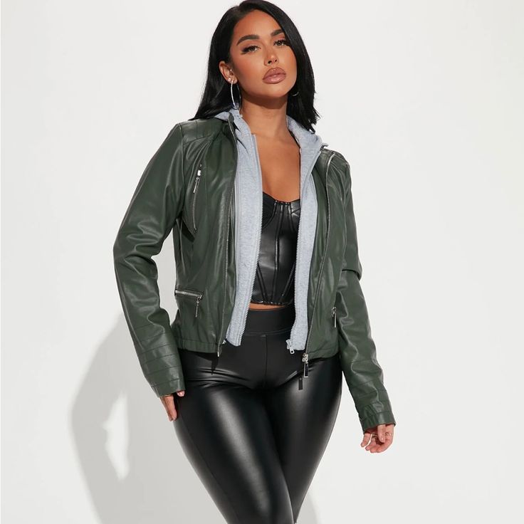 New With Tag Green Faux Leather Moto Jacket With Removable Hood And Insulated Inside. Moto Style Fall Outerwear For Outdoor, Casual Biker Jacket With Zipper Closure For Cold Weather, Moto Style Fall Outdoor Outerwear, Spring Outdoor Biker Jacket With Zipper Closure, Casual Biker Jacket For Spring, Biker Style Outerwear With Double-lined Hood For Fall, Casual Biker Jacket For Cold Spring Weather, Casual Biker Jacket For Spring Cold Weather, Fall Biker Style Outerwear With Double-lined Hood