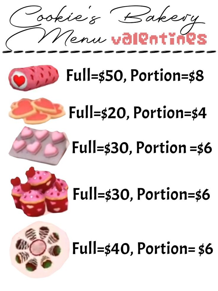 the menu for valentine's day is shown in pink and white, with different types of pastries on it