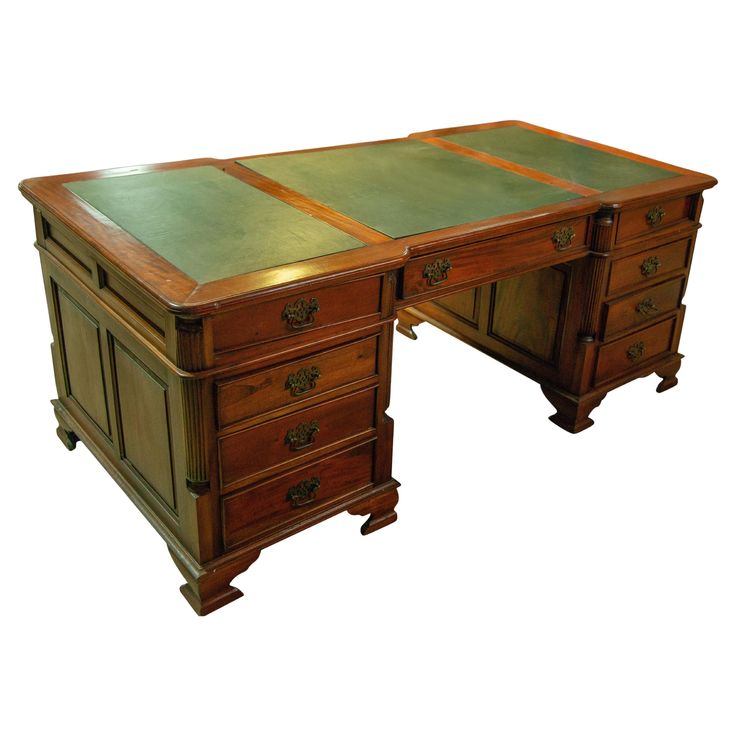 an old wooden desk with two drawers and green leather top, on a white background