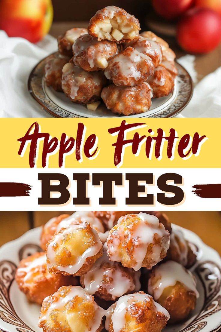 apple fritter bites on a plate with apples in the background and text overlay