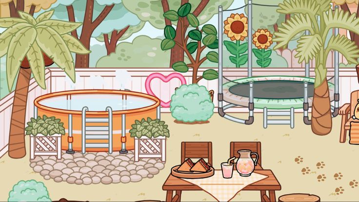 an illustration of a table and chairs in a garden