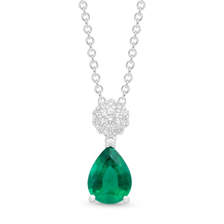 Introducing the "Regal Necklace," a captivating creation that embodies timeless elegance and grace. A pear-shaped emerald, its verdant depths reminiscent of treasure unearthed from a royal kingdom, along with radiant, sparkling diamonds exude everlasting beauty perfect for the woman who enjoys the finer things in life. SKU BS13108P EMERALD SIZE 8x6mm COLORSTONE SHAPE Pear Shape COLORSTONE WT 0.87cts DIAMOND WT 0.09cts Ethically sourced emeralds directly from our renowned Belmont mine in Brazil. Formal Pear-shaped Emerald Necklace In Fine Jewelry Style, Formal Pear Shaped Necklace With May Birthstone, Formal Pear-shaped May Birthstone Necklace, Formal Pear Shaped Necklace For May Birthstone, Formal Pear-shaped Birthstone Necklace, Fine Jewelry Emerald Necklace With Pear Gemstone, Pear-shaped Emerald Gemstone Necklace For Formal Events, Pear-shaped Emerald Necklace In White Gold For Anniversary, Green Briolette Emerald Necklace For Formal Occasions