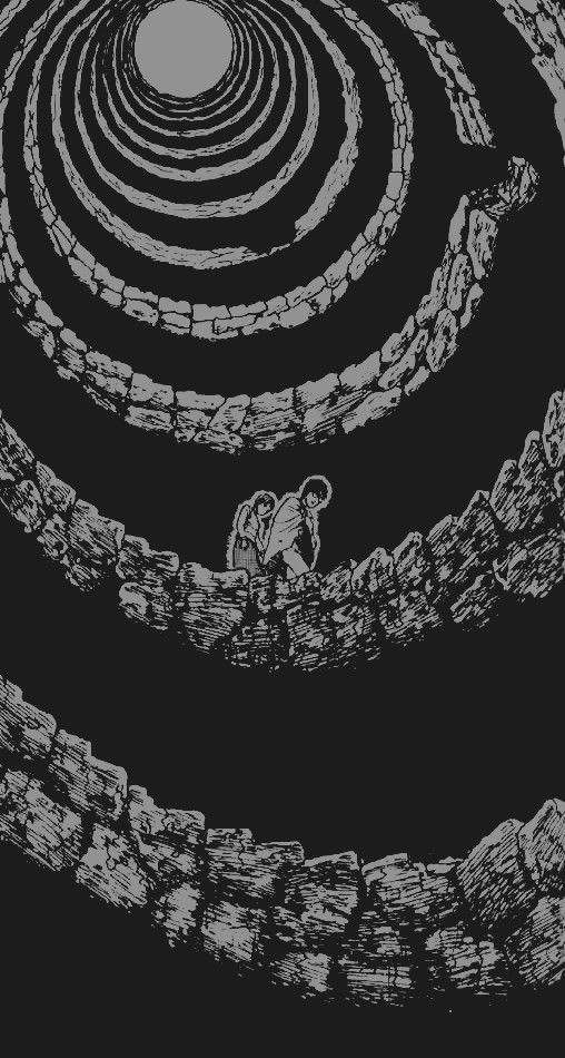 an artistic black and white drawing of a man walking through a spirally stone wall