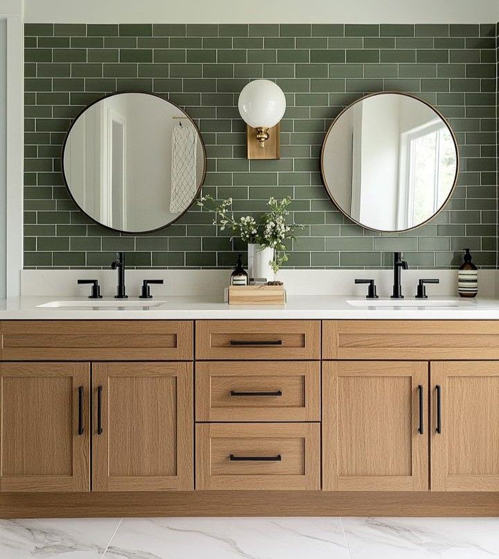 a bathroom with two sinks, mirrors and green tile on the wall above them is a vase with flowers