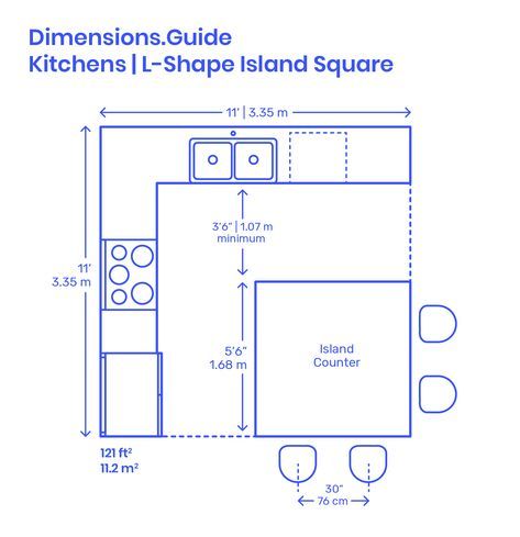 a blue and white drawing of a kitchen with measurements for the sink, cabinets, and island