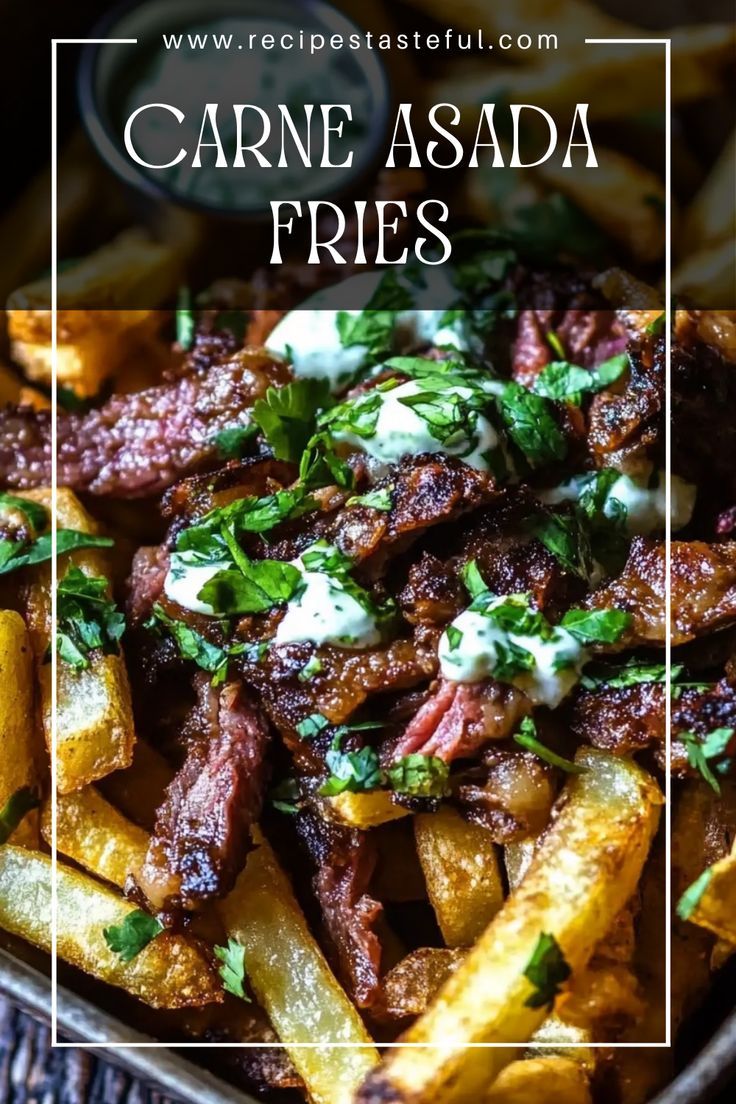 a close up of a plate of food with fries on the side and text that reads carne asada fries