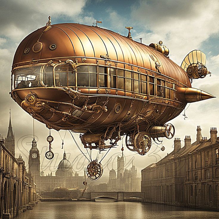 an old steampunk flying over a river in the middle of a large city