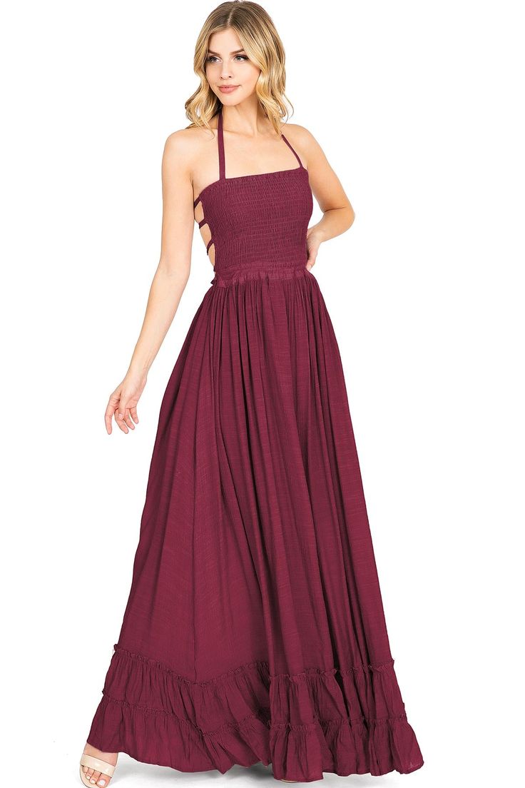 Crinkle maxi dress with a stretchy smocked bodice and halter neck tie. Bare, strappy back with a?drawstring tie at the waist. Pleating at?the waist with a full skirt bottom. Partially lined. CARE | Hand Wash Cold? CONTENTS | 100%?Polyester/Lining: 100% PolyesterMEASUREMENTS |?54"/137 cm Top to Bottom (Size Small) MODEL | 5'8 - wearing a size SmallIMPORTED Kimono Blouse, Culotte Jumpsuit, Full Skirts, Maxi Dress Navy, Striped Jumpsuit, Halter Maxi Dresses, Paisley Dress, Lace Maxi, Pink Maxi Dress