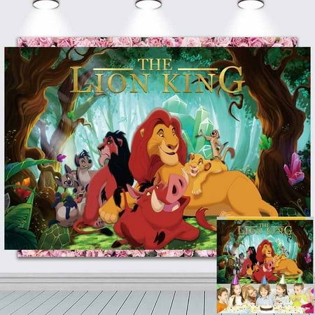 the lion king movie poster and wall hangings in an empty room with pink flowers