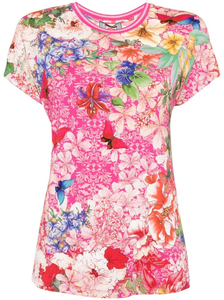 pink/multicolour all-over floral print crew neck short sleeves straight hem Yoko London, Exclusive Fashion, Johnny Was, Jersey Shirt, Lady Dior, Jacket Tops, Denim Dress, Size Clothing, All Fashion