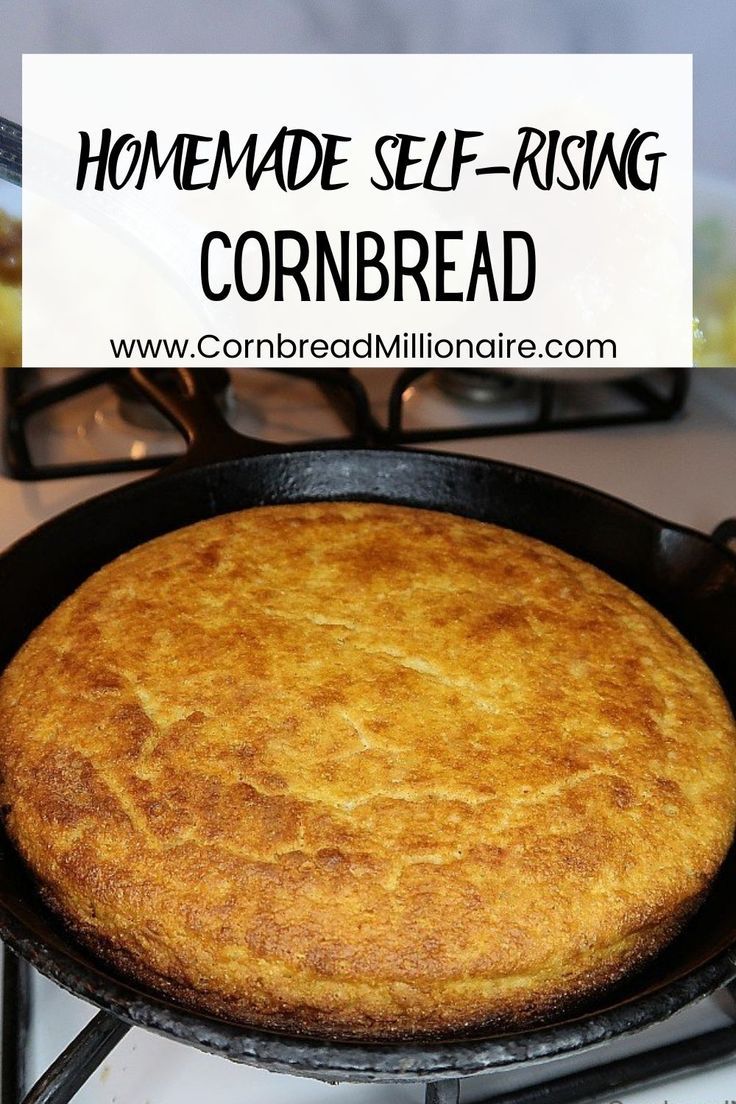 homemade self - rising cornbread in a cast iron skillet on top of the stove