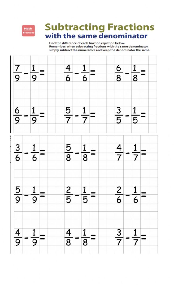 subtracting fractions worksheet with the same denomint