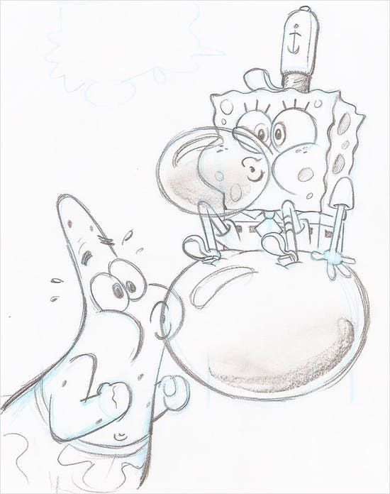 a drawing of spongebob and person kissing in front of a cake with candles on it