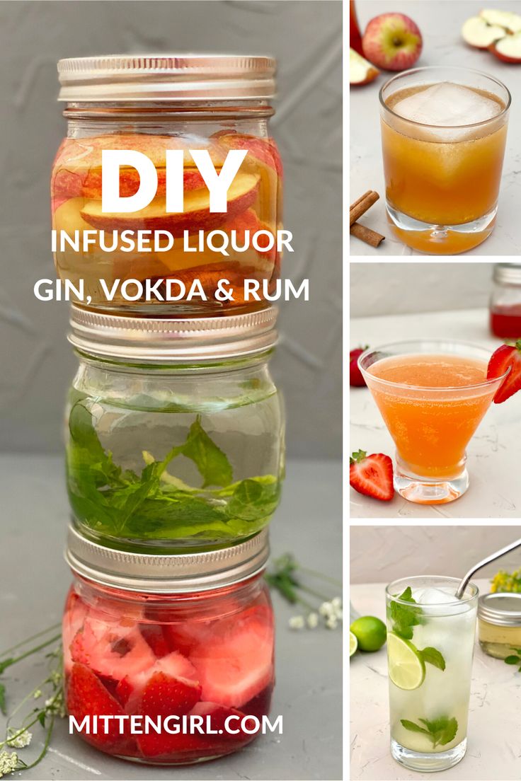 four different shots in mason jars with the words diy infused liquor gin, vodka and rum