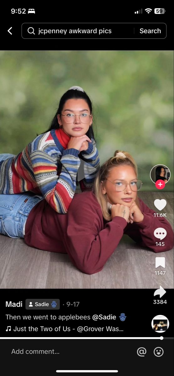 two women are laying on the floor with their heads turned to look like they're looking at each other