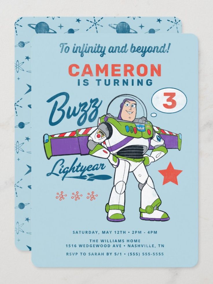 the buzz lightyear birthday party card is shown with an image of buzz lightyear from toy story