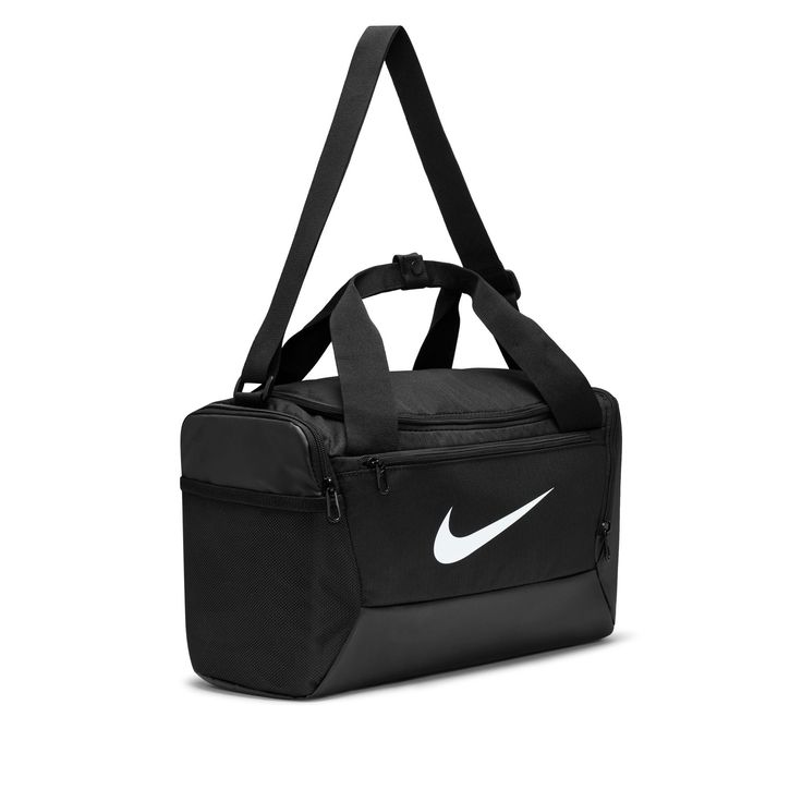 Good things come in small packages, especially when that package is the Nike Brasilia Duffel Bag. Fill it with your gear and stay organized on your next trip to the gym or a daytime adventure. A side compartment stores shoes and sweaty clothes separately, while inner and outer pockets help you stay organized. This product is made with at least 50% recycled polyester fibers. Adjustable shoulder strap. Zippered main compartment secures your training essentials. Zippered inner compartment keeps dir Black Rectangular Nylon Bag, Sporty Nylon Travel Accessories With Functional Pockets, Casual Black Nylon Luggage, Functional Nylon Travel Bag, Black Sporty Travel Accessories For Outdoor, Black Sporty Outdoor Travel Accessories, Black Multifunctional Nylon Travel Bag, Black Rectangular Travel Bag For Outdoor, Functional Black Nylon Shoulder Bag