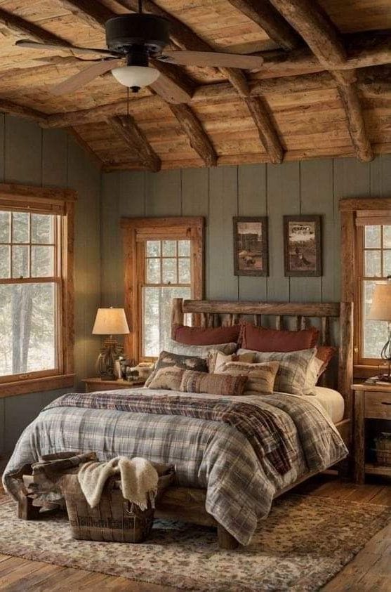 a bedroom with wood floors and wooden ceilinging is decorated in rustic style, including an old - fashioned bed