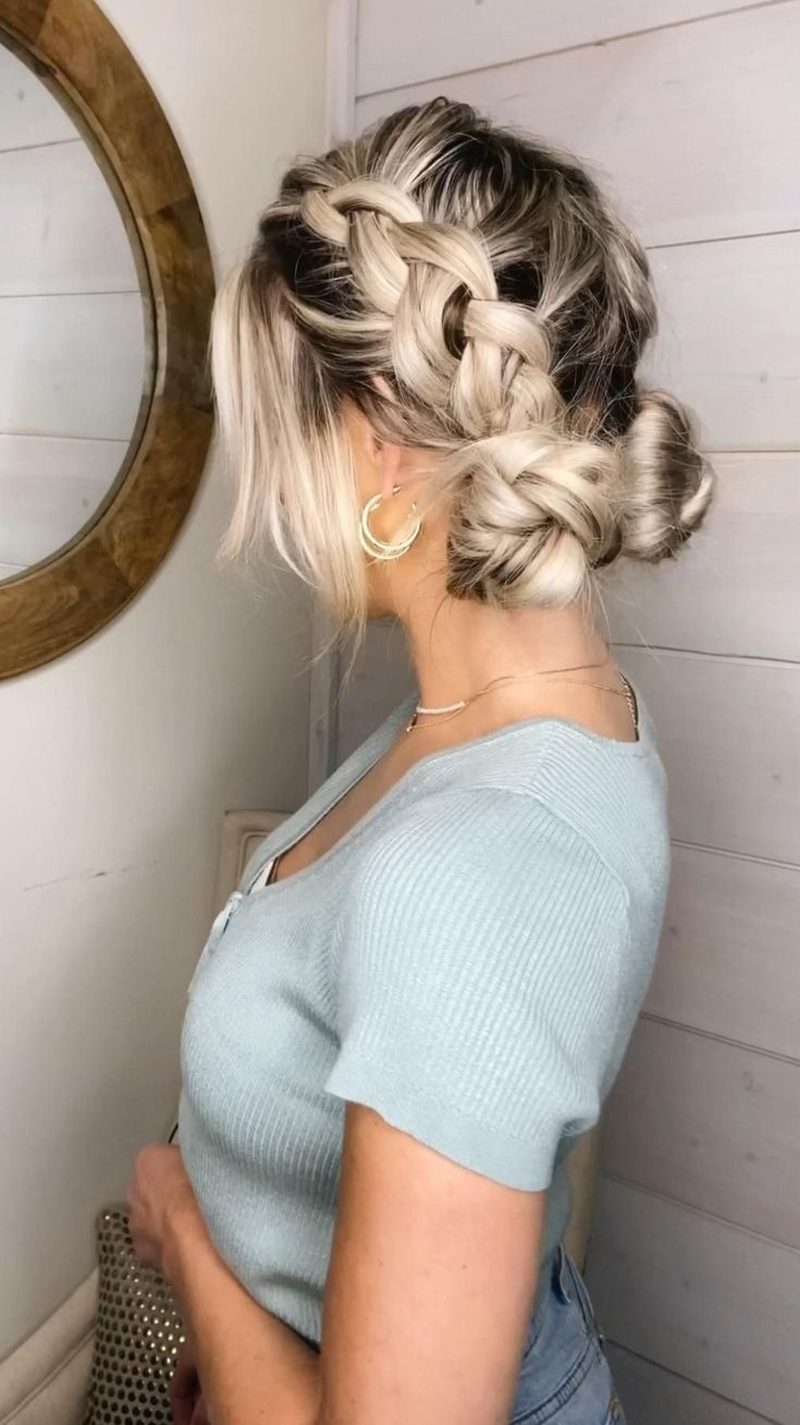 Braided pigtail buns #hairstyle #hairstyles #haircolor Pigtail Buns, Hoco Hair Ideas Ponytail, Hoco Hair Ideas Updo Hairstyle, Going Out Hairstyles, Pigtail Braids, Cute Hairstyles For Medium Hair, Bridesmaid Hair Short, Athletic Hairstyles, Casual Hairstyles