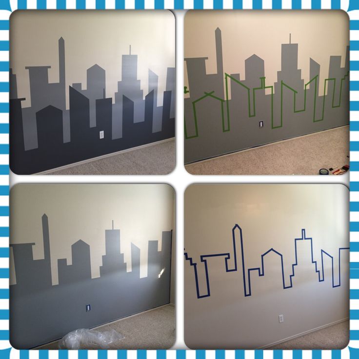 four pictures of city skylines painted on a wall with blue and white stripes in the background