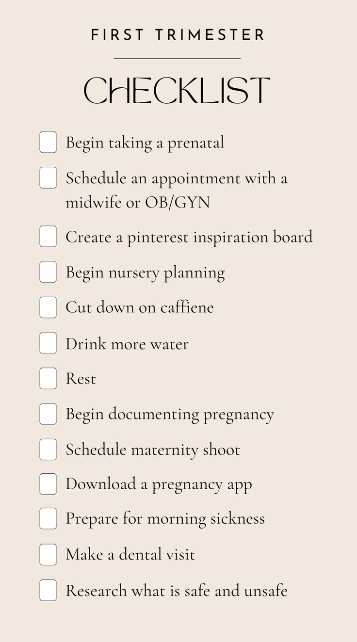 a checklist is shown with the words, first trimester and other things to do