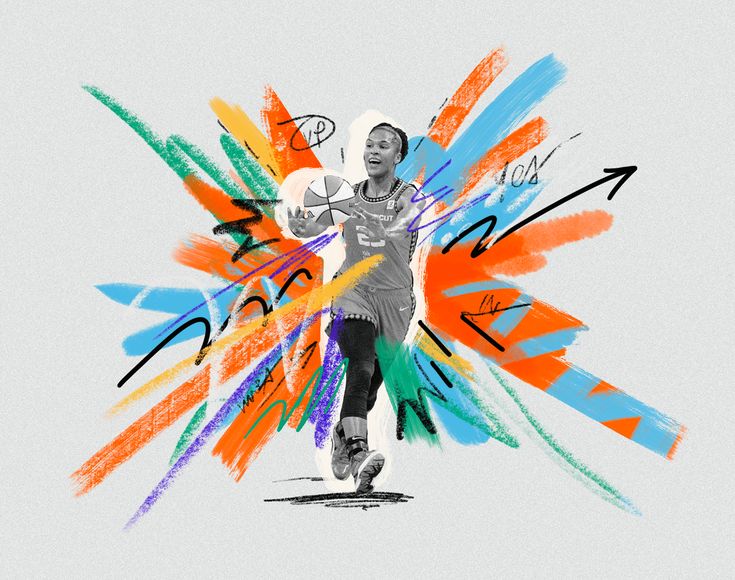 a drawing of a basketball player with colorful paint splatters