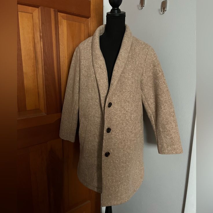 This Brown Cocoon Style Jacket Is Perfect For Dressing Up Even The Most Casual Outfits. Not Too Heavy, But Plenty Of Warmth, This Coat Is Perfect For Fall. Size M, Nwt. Beige Wool Collared Outerwear, Wool Long Sleeve Outerwear For Cold Weather, Oversized Beige Shawl Collar Outerwear, Beige Outerwear With Button Closure For Cold Weather, Winter Outerwear With Shawl Collar And Single Breasted, Beige Long Sleeve Pea Coat For Cold Weather, Casual Fitted Single Breasted Wool Coat, Casual Fitted Single-breasted Wool Coat, Collared Wool Outerwear For Fall