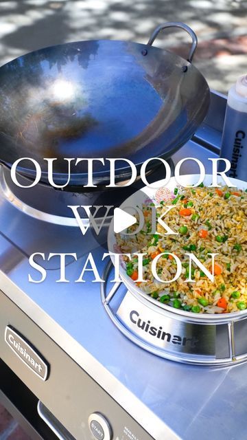 an outdoor grill with food on it and the words outdoor cooking station written in large letters