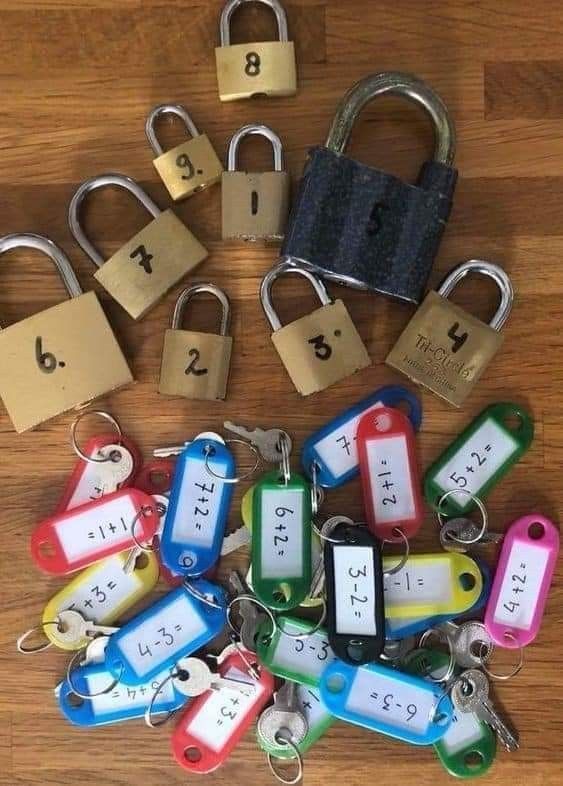 several keys with numbers on them and padlocks attached to the locks are shown