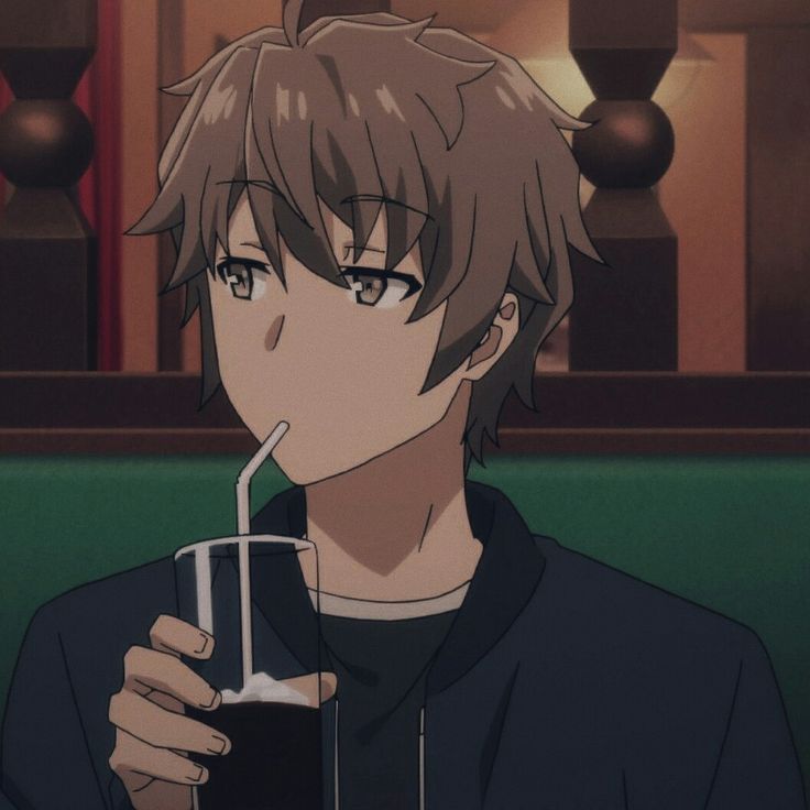 an anime character holding a drink in his hand