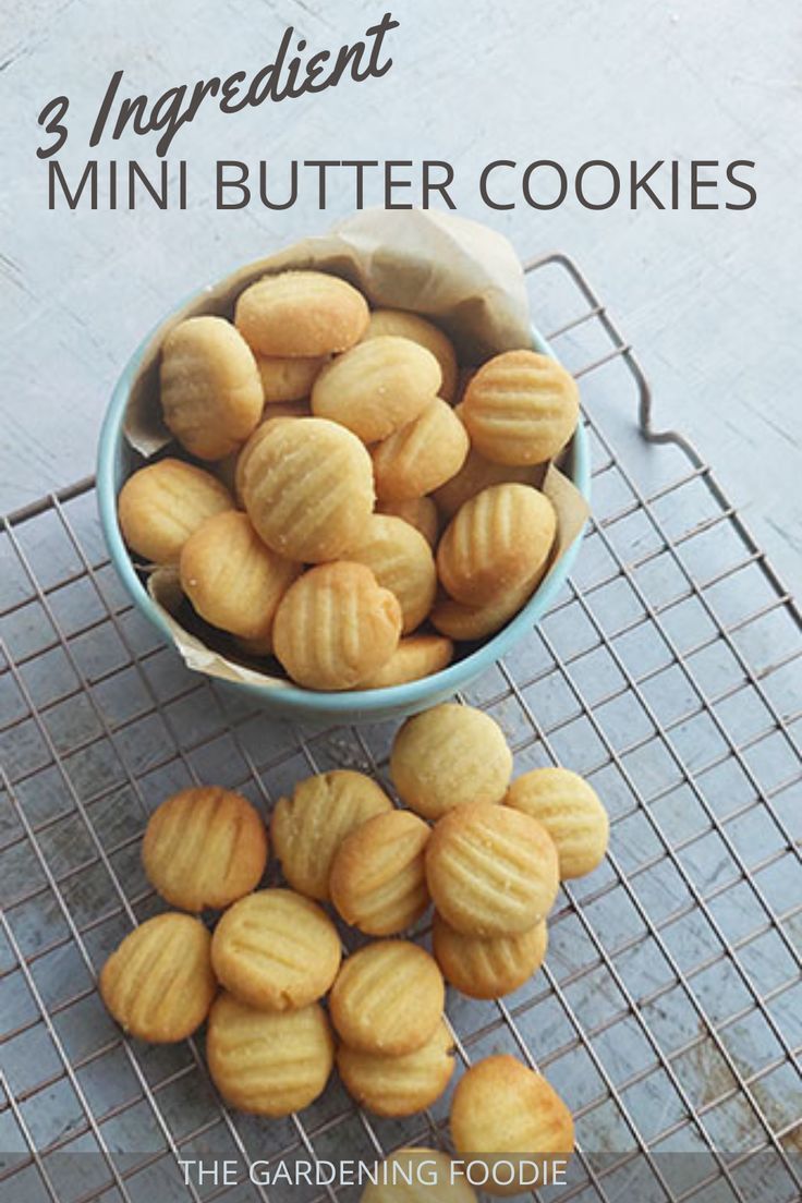 three ingredient mini butter cookies in a blue bowl on a cooling rack with text overlay