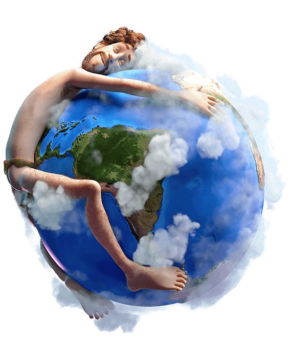 a woman floating in the air on top of a blue and white globe with clouds