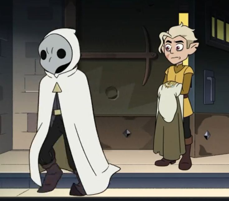 two cartoon characters are standing in front of a building and one is wearing a ghost costume