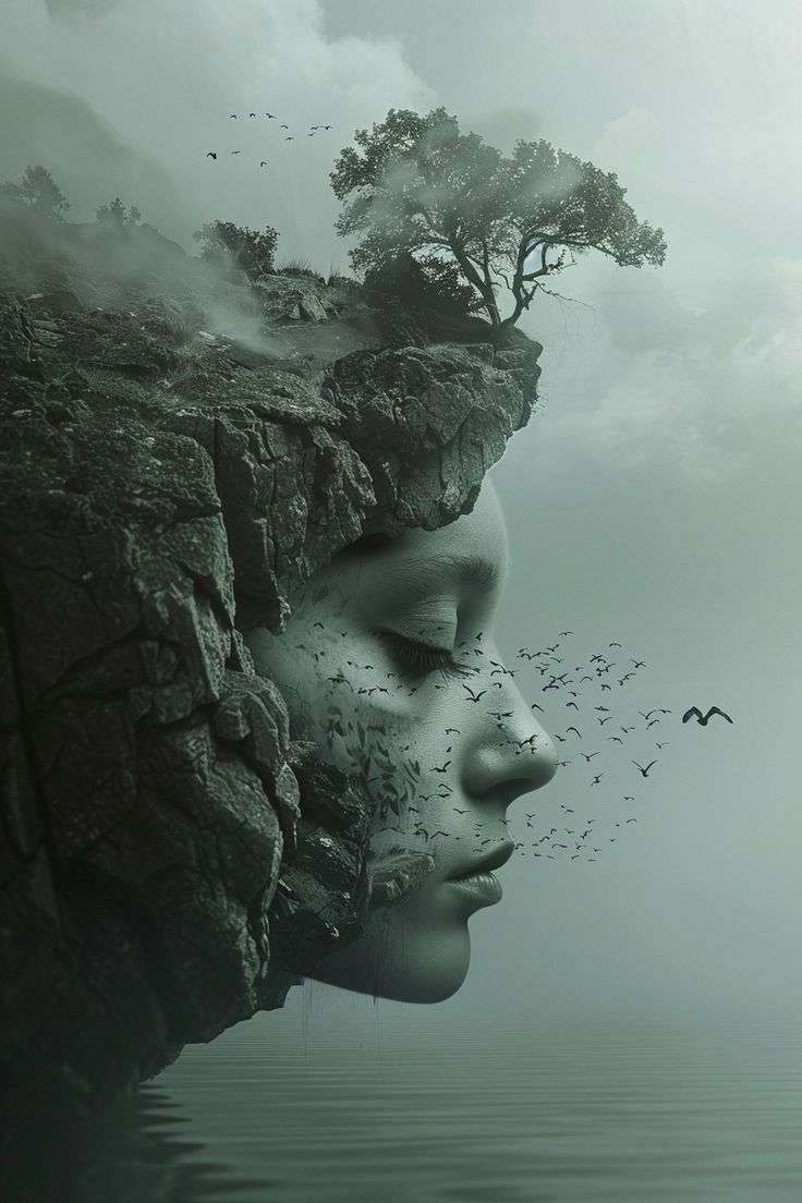 a woman's face is surrounded by birds flying over her head, with a tree growing out of the cliff