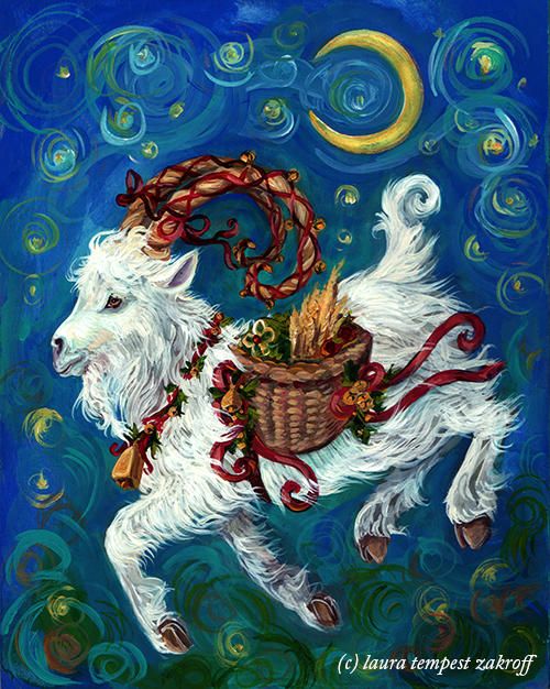 a painting of a white goat with a basket on its back and the moon in the background