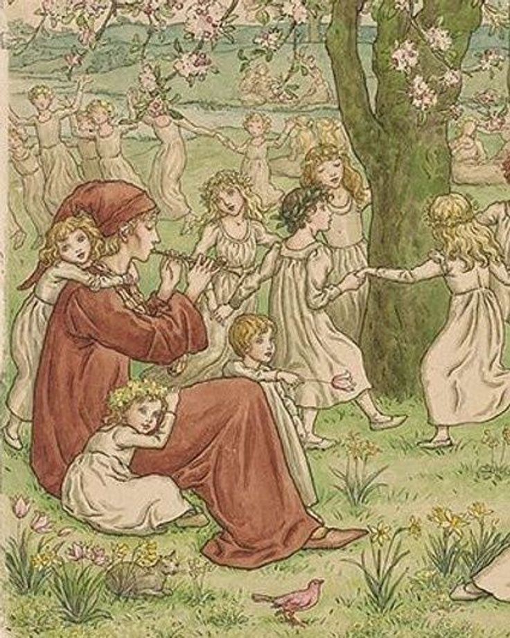 an illustration of people in the grass with trees and flowers behind them, one woman is holding