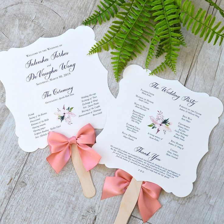 two fan shaped wedding programs with pink bows on wooden table next to fern leaves and ferns