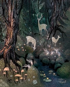 a painting of some deer in the woods