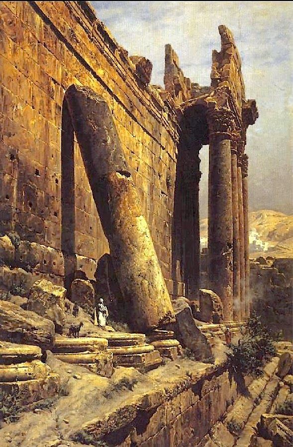 the ruins of an ancient city are shown in this painting