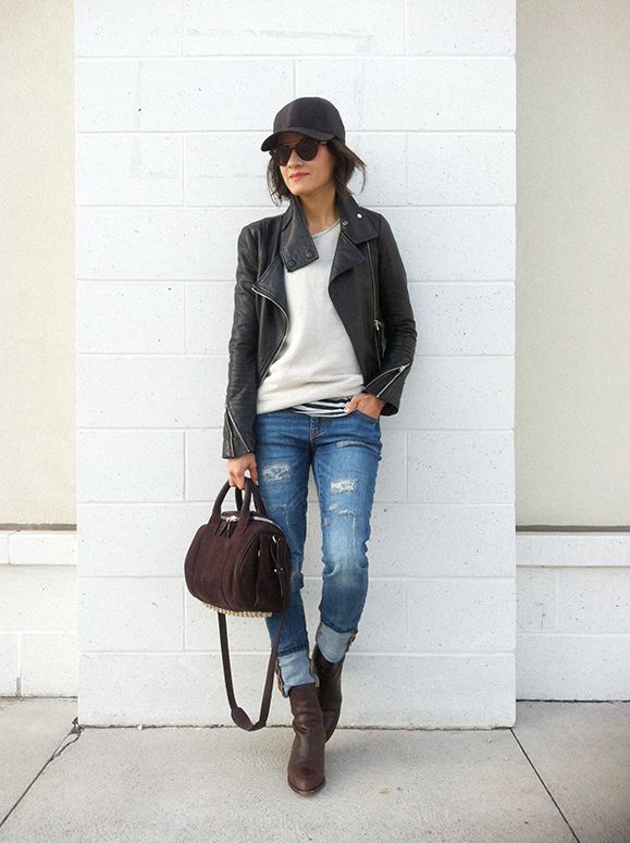 WoahStyle.com | Mackage leather jacket, Aritzia baseball cap and sweater, Alexander Wang Anouck boot & Rockie handbag and Joe Fresh jeans Leather Baseball Cap Outfit, Leggings And Baseball Hat Outfit, Leather Cap Outfit, Black Ball Cap Outfit, Baseball Hat Outfit Winter, Baseball Cap Outfit Winter, Hat Outfit Winter, Baseball Cap Outfits, Sweater Boot