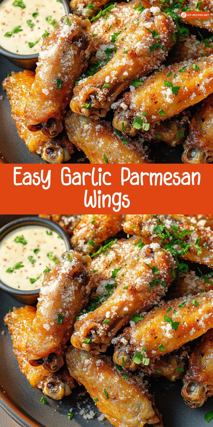 two pictures of baked garlic parmesan wings on a plate with dipping sauces