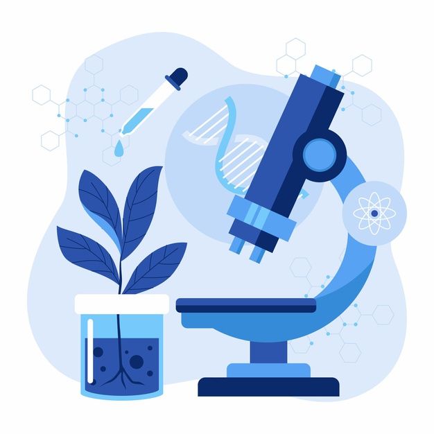 a microscope and some plants are in front of a blue background with hexagonal shapes